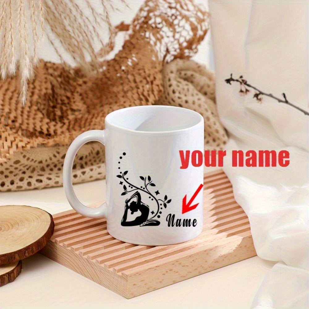Tailorly White Ceramic 11 oz Mug - Your Name Minimalist Black Silhouette Of Woman Performing Yoga Among Elegant Floral Vines Yoga Silhouette