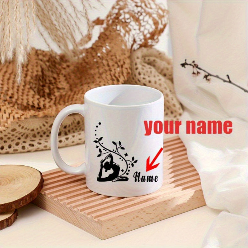 Tailorly White Ceramic 11 oz Mug - Your Name Minimalist Black Silhouette Of Woman Performing Yoga Among Elegant Floral Vines Yoga Silhouette