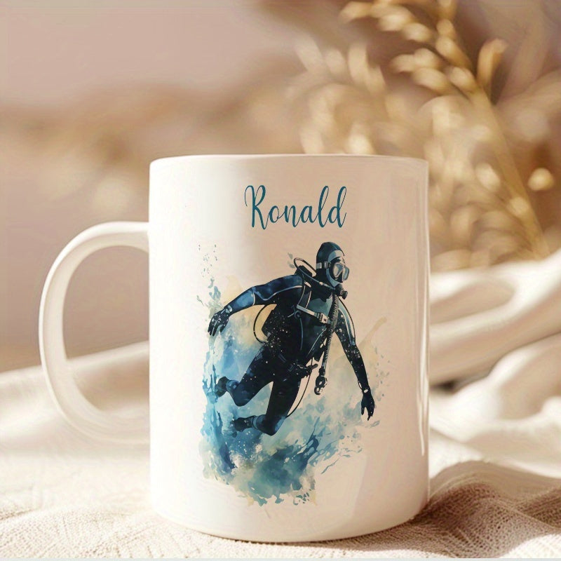 Tailorly White Ceramic 11 oz Mug - Ronald Watercolor Blue Artistic Scuba Diver Deep In The Ocean Swimming Scuba Diver