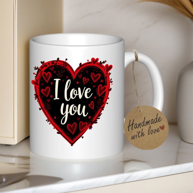 Tailorly White Ceramic 11 oz Mug - I Love You Vibrant Red Stylized Frame Featuring Small Decorative Hearts Over A Black Background Heart
