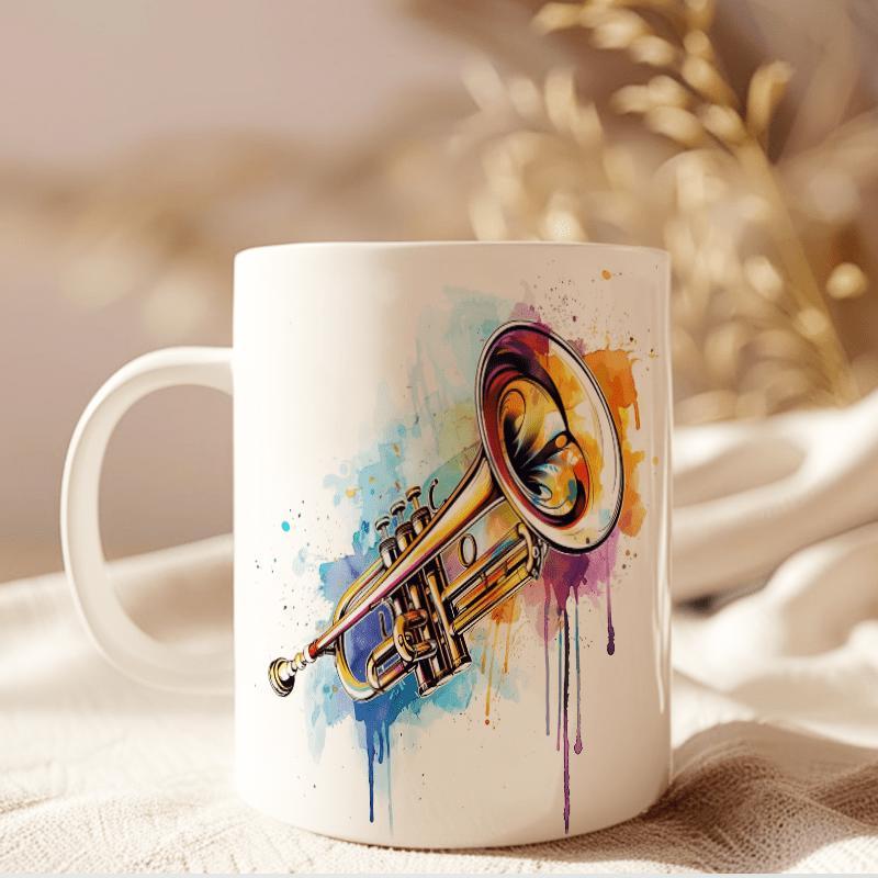 Tailorly White Ceramic 11 oz Mug - Artistic Golden Brass Musical Instrument With Vibrant Colorful Watercolor Paint Splashes Trumpet