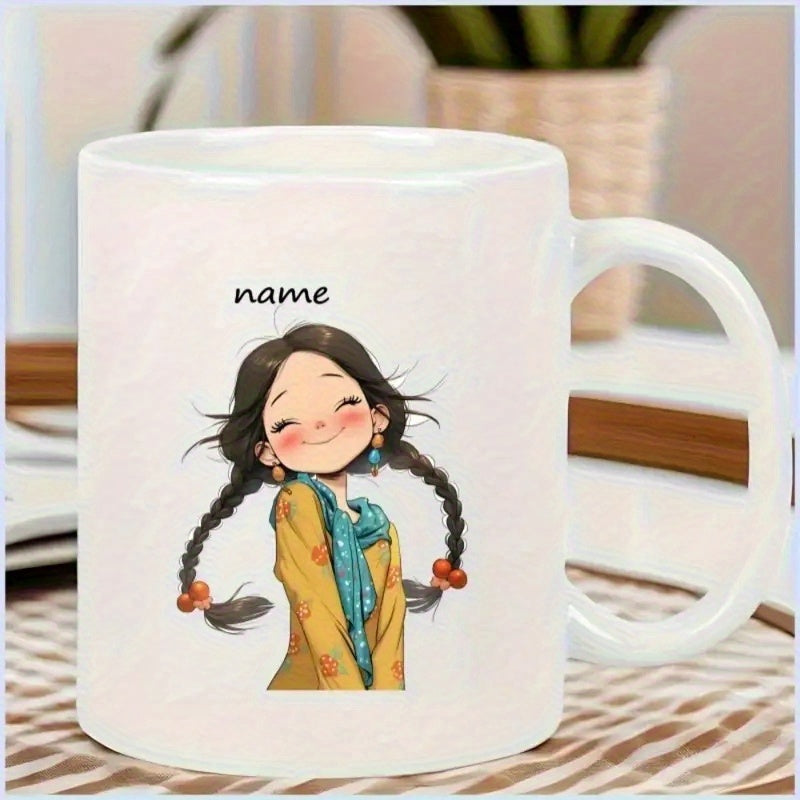 Tailorly White Ceramic 11 oz Mug - Name Cute Smiling Character With Long Braids Wearing Yellow Shirt And Scarf Girl