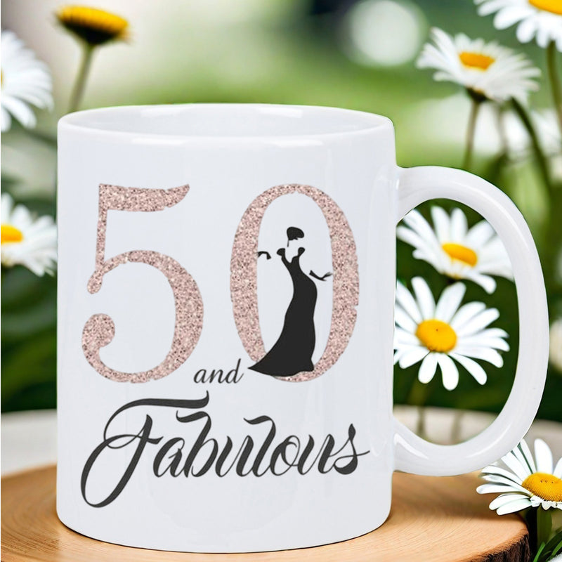Tailorly White Ceramic 11 oz Mug - 50 And Fabulous Rose Gold Glitter Textured Numbers With Elegant Black Gown Silhouette