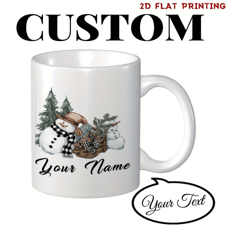 Tailorly White Ceramic 11 oz Mug - Your Name Happy Winter Snowmen Wearing Plaid Scarves Standing Among Frosty Evergreen Pine Trees Snowman