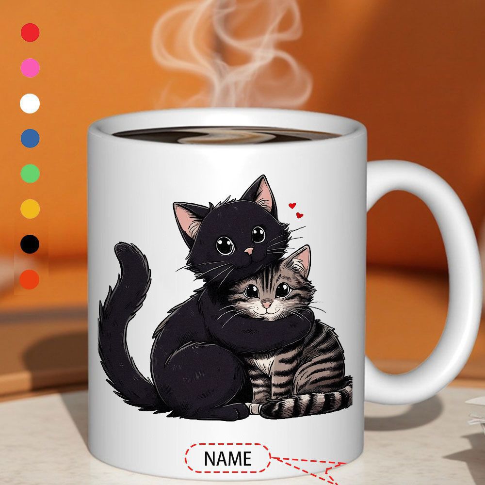 Tailorly White Ceramic 11 oz Mug - Adorable Black And Tabby Kittens Cuddling Together With Small Red Hearts Cats