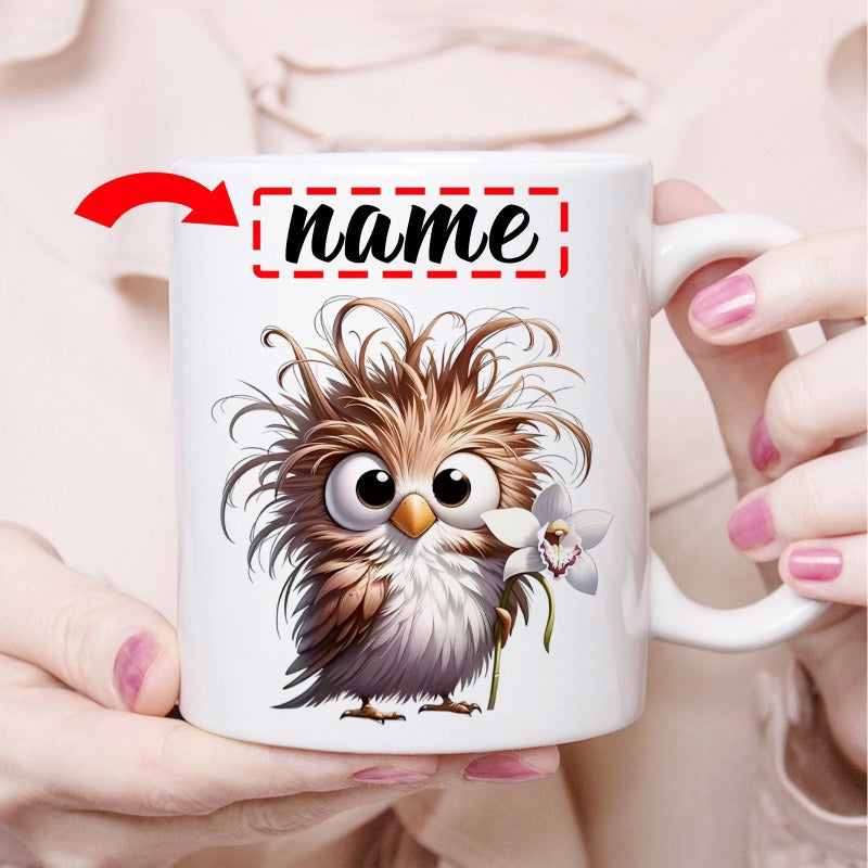 Tailorly White Ceramic 11 oz Mug - Name Adorable Fluffy Brown Bird With Messy Hair Holding A White Flower Owl