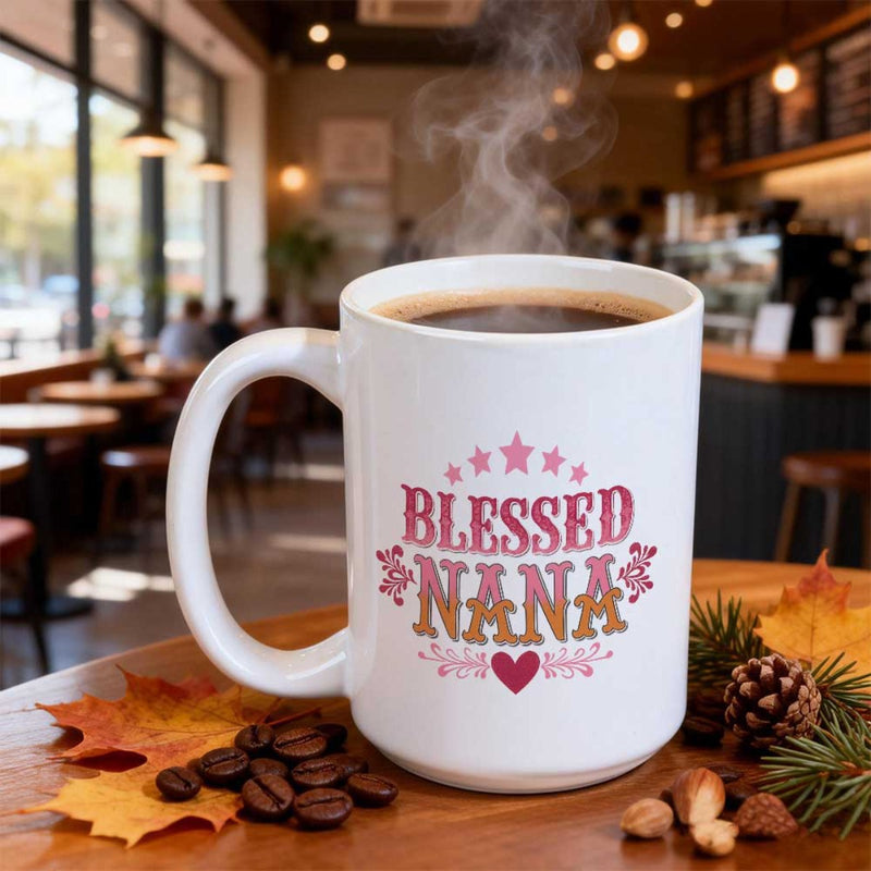 Tailorly White Ceramic 11 oz Mug - Blessed Nana Steaming Coffee Inside White Ceramic Surrounded By Autumn Leaves Mug