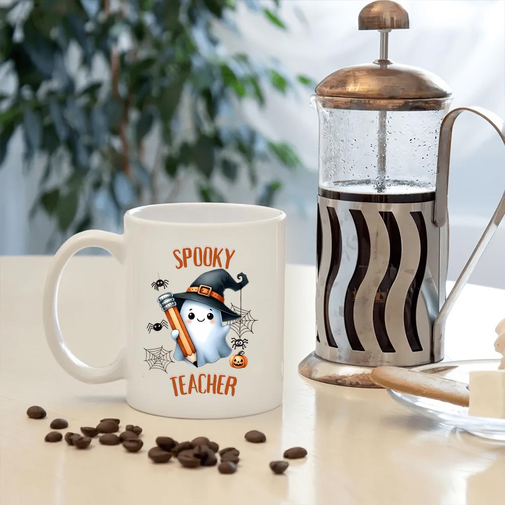 Tailorly White Ceramic 11 oz Mug - Spooky Teacher Adorable Little Ghost Wearing Pointed Witch Hat Holding Giant Wooden Pencil Ghost