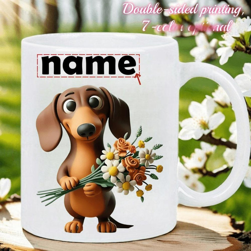 Tailorly White Ceramic 11 oz Mug - Name Adorable Brown Dachshund Dog Holding Colorful Floral Bouquet With Spring Blossoms Dachshund