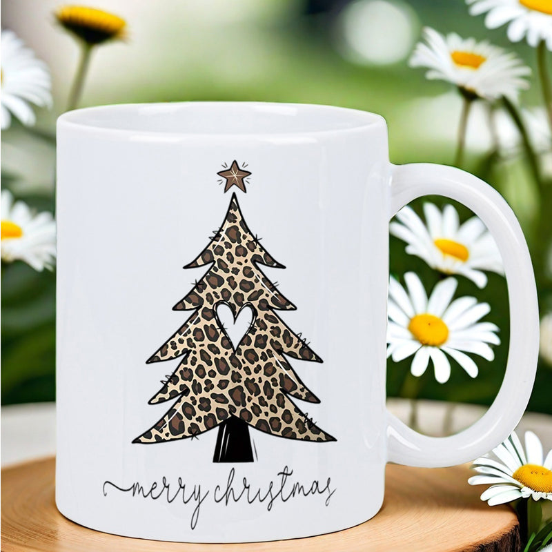 Tailorly White Ceramic 11 oz Mug - Merry Christmas Festive Leopard Print Pattern With A Heart Cutout And Golden Star Tree