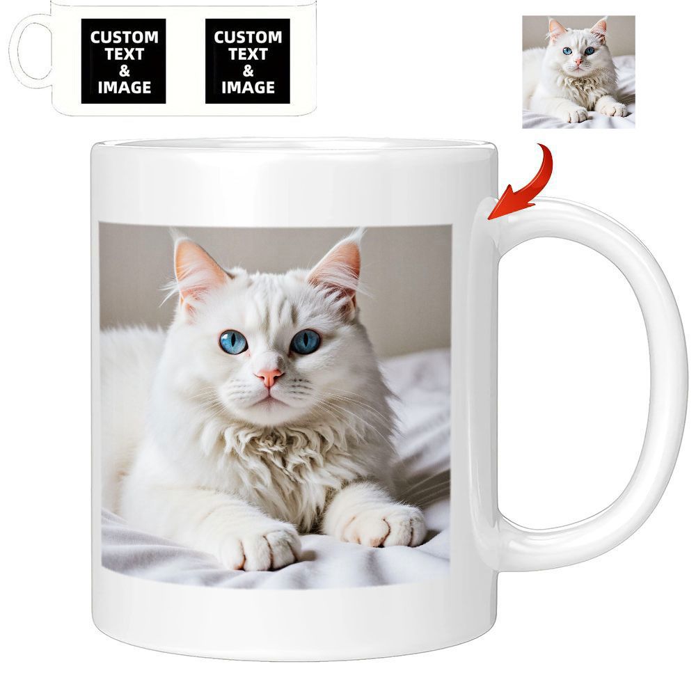 Tailorly White Ceramic 11 oz Mug - Custom Text Image Beautiful Fluffy White Feline With Bright Blue Eyes Lying Gracefully Cat