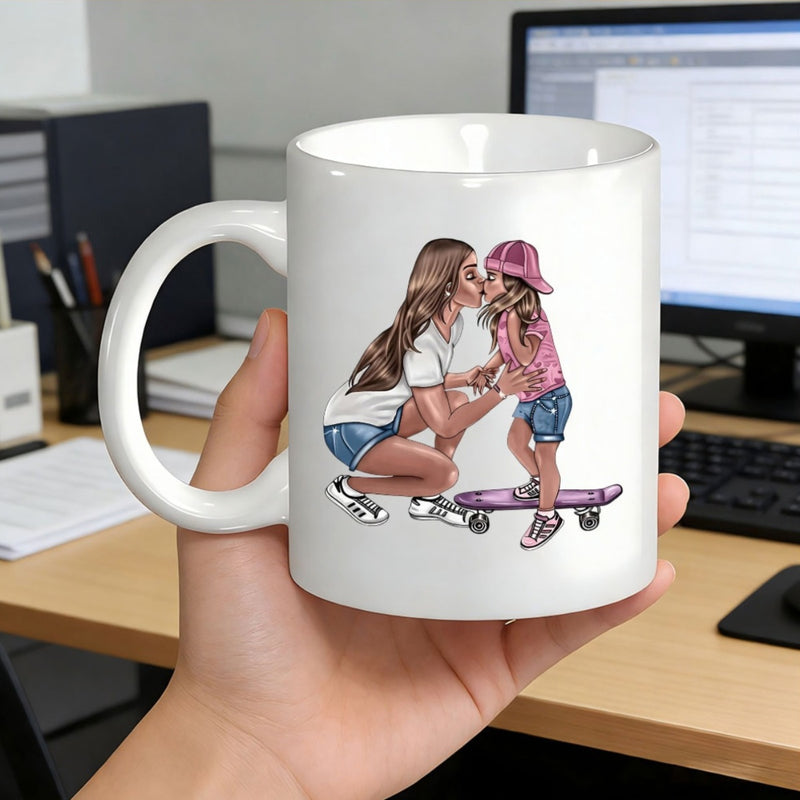 Tailorly White Ceramic 11 oz Mug - Loving Mother Kissing Her Young Daughter Standing Balanced On A Skateboard Portrait