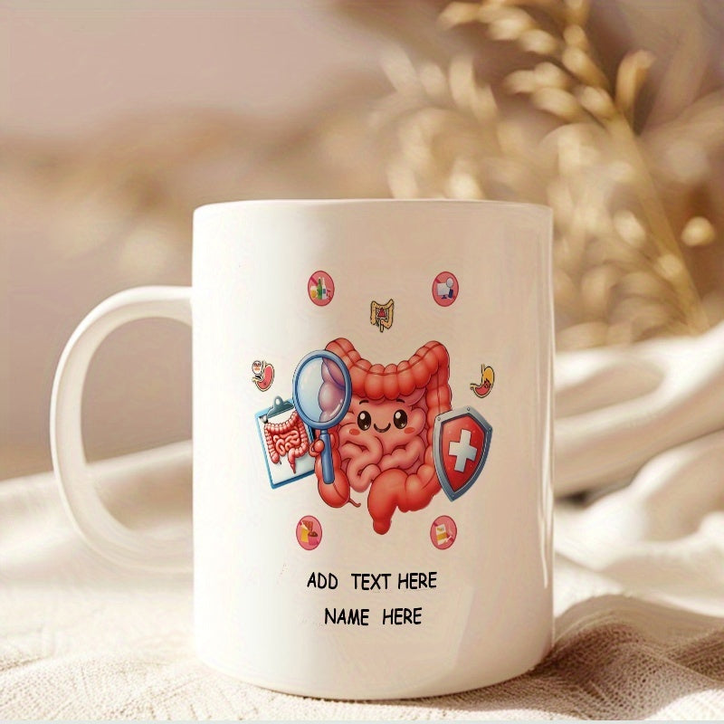 Tailorly White Ceramic 11 oz Mug - Add Text Here Name Here Smiling Human Gut Character Surrounded By Medical Icons And Shield Intestine