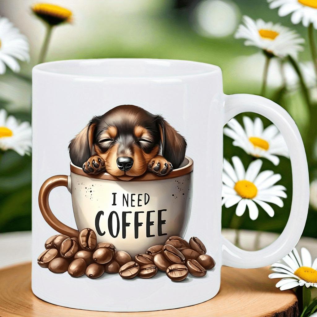 Tailorly White Ceramic 11 oz Mug - I Need Coffee Adorable Sleeping Dachshund Puppy Resting Inside A Cup With Roasted Coffee Beans Dog