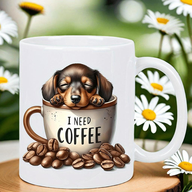 Tailorly White Ceramic 11 oz Mug - I Need Coffee Adorable Sleeping Dachshund Puppy Resting Inside A Cup With Roasted Coffee Beans Dog