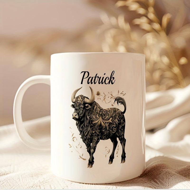 Tailorly White Ceramic 11 oz Mug - Patrick Powerful Black Bull With Intricate Golden Patterns Standing Strong Bull