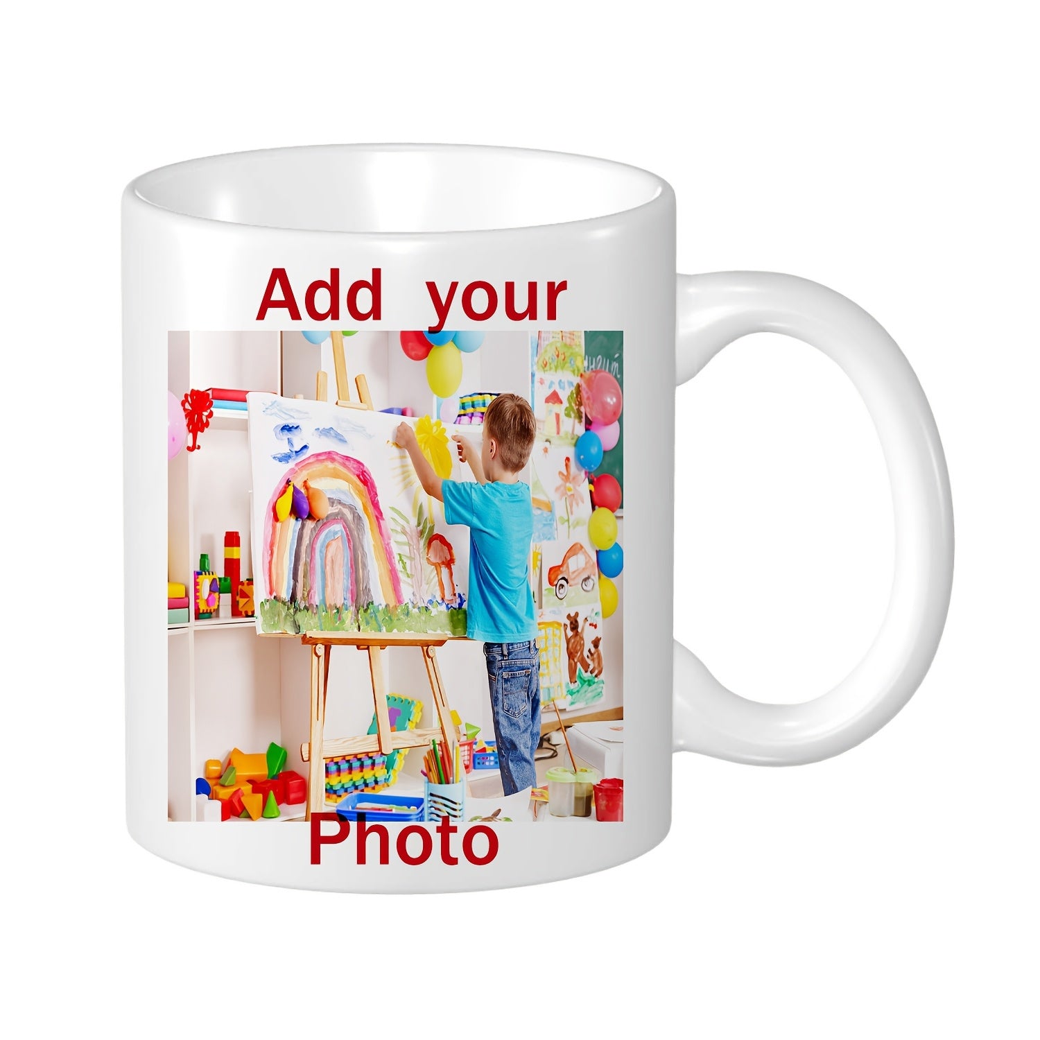 Tailorly White Ceramic 11 oz Mug - Add Your Photo Little Boy Creating Colorful Rainbow Art Within Creative Studio Space Boy