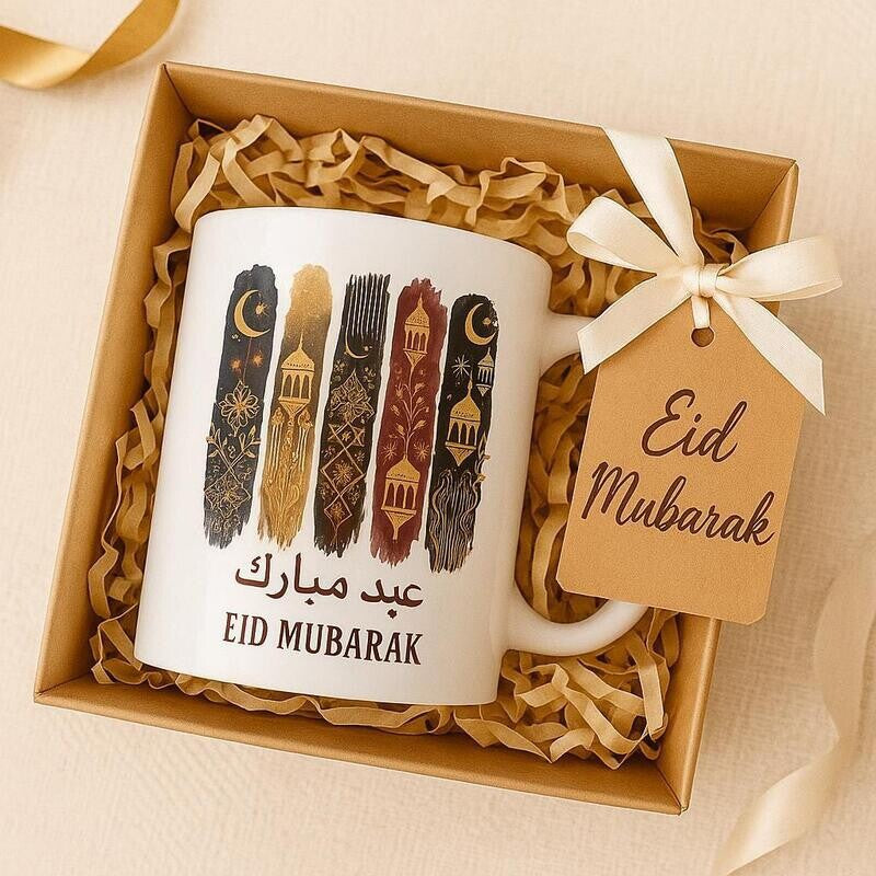 Tailorly White Ceramic 11 oz Mug - Eid Mubarak Colorful Artistic Textured Brush Strokes Featuring Traditional Islamic Lanterns And Moons Mug