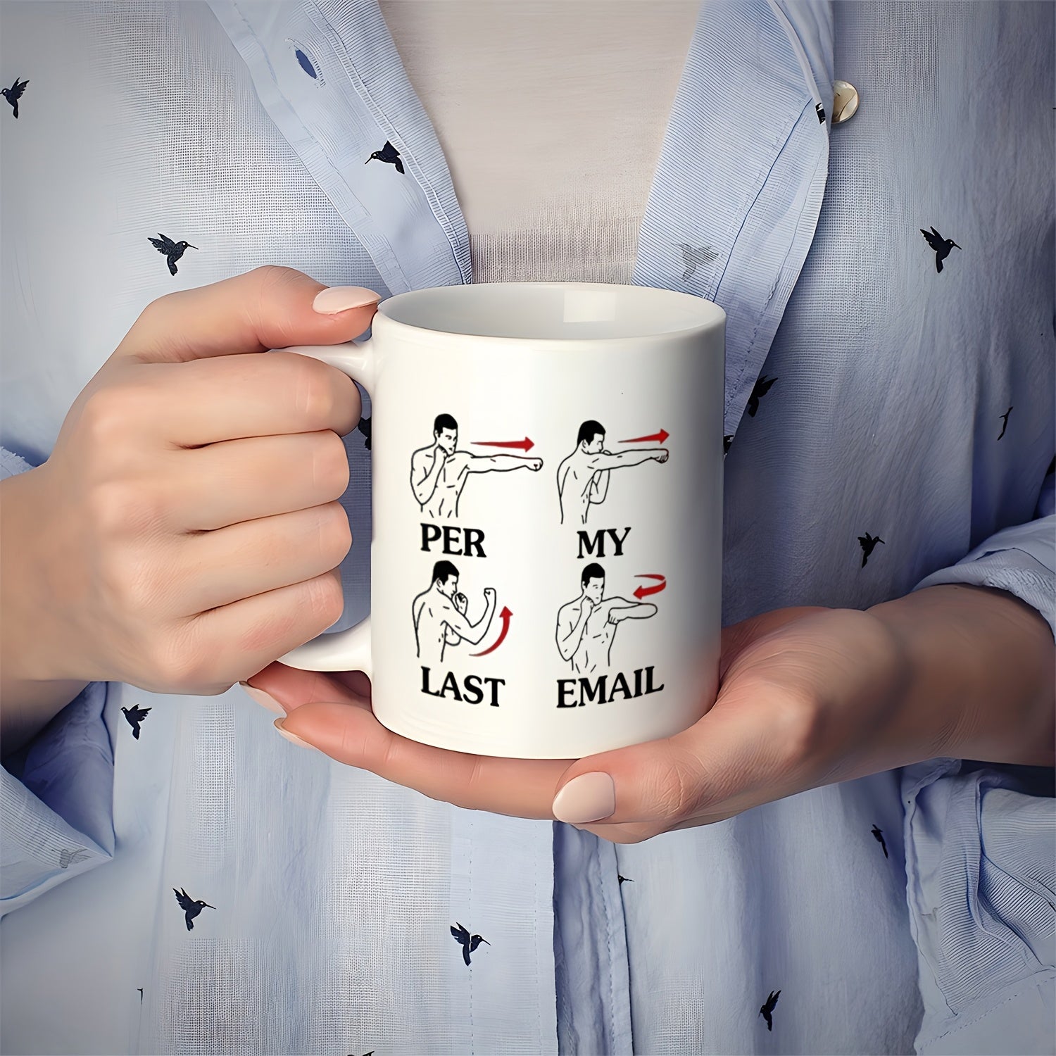 Tailorly White Ceramic 11 oz Mug - Per My Last Email Minimalist Line Art Illustrating Boxing Stance With Directional Red Arrows Boxer