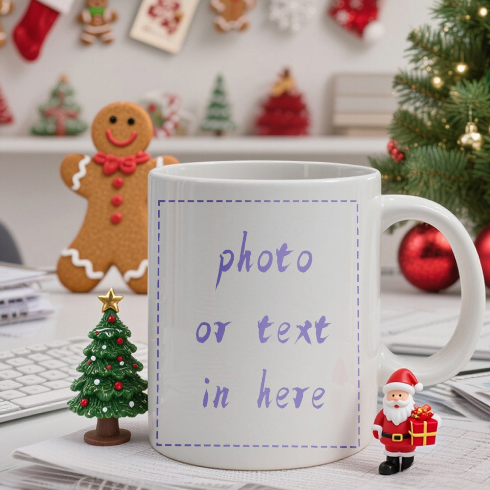 Tailorly White Ceramic 11 oz Mug - Photo Or Text In Here Minimalist White Ceramic Vessel Sitting Among Festive Holiday Season Decorations Mug