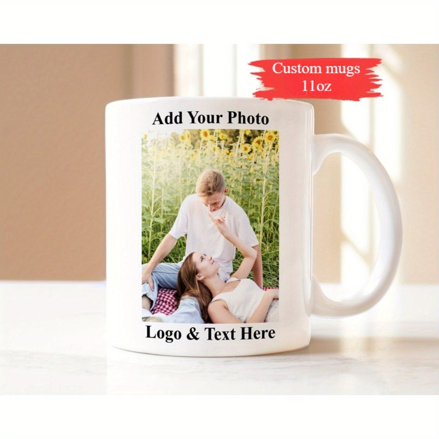 Tailorly White Ceramic 11 oz Mug - Add Your Photo Logo Text Here Romantic Couple Relaxing In A Bright Field Of Golden Yellow Sunflowers Mug