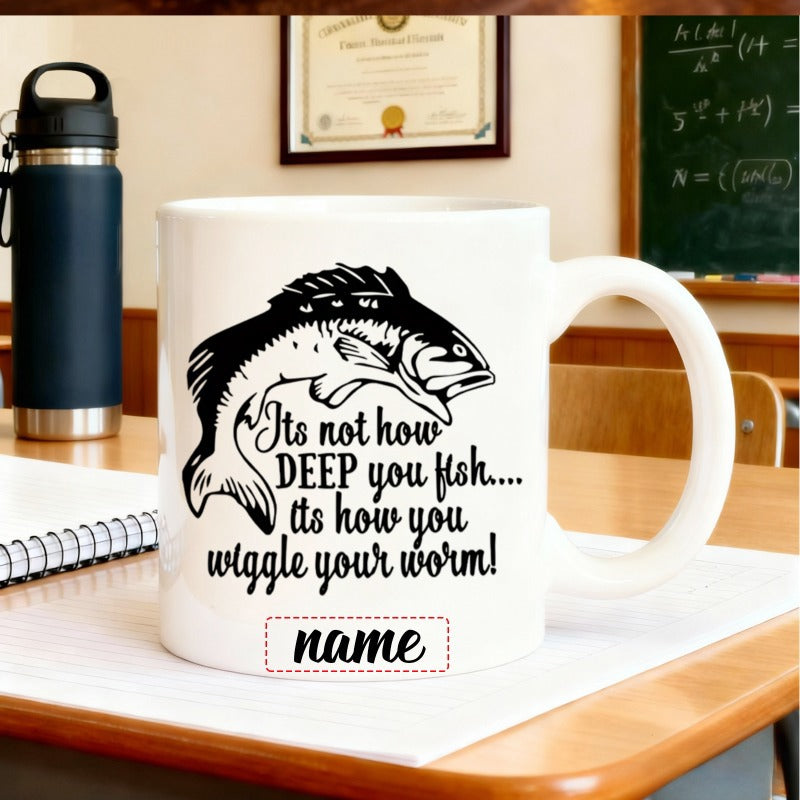 Tailorly White Ceramic 11 oz Mug - Its Not How Deep You Fish Its How You Wiggle Your Worm Energetic Jumping Bass Silhouette Featuring Detailed Fin And Scales Fish