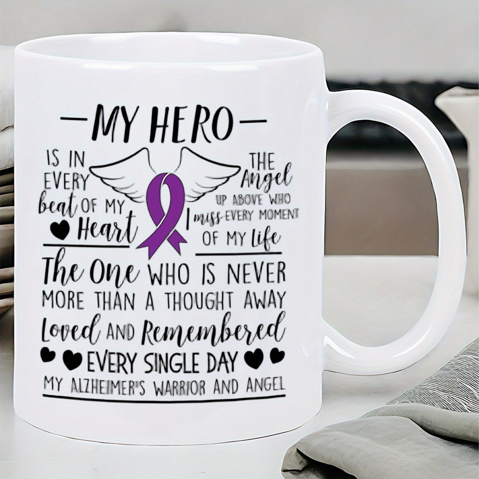 Tailorly White Ceramic 11 oz Mug - My Hero Alzheimers Warrior And Angel Graceful Wings Protecting A Purple Awareness Ribbon Amidst Sentimental Typography Mug