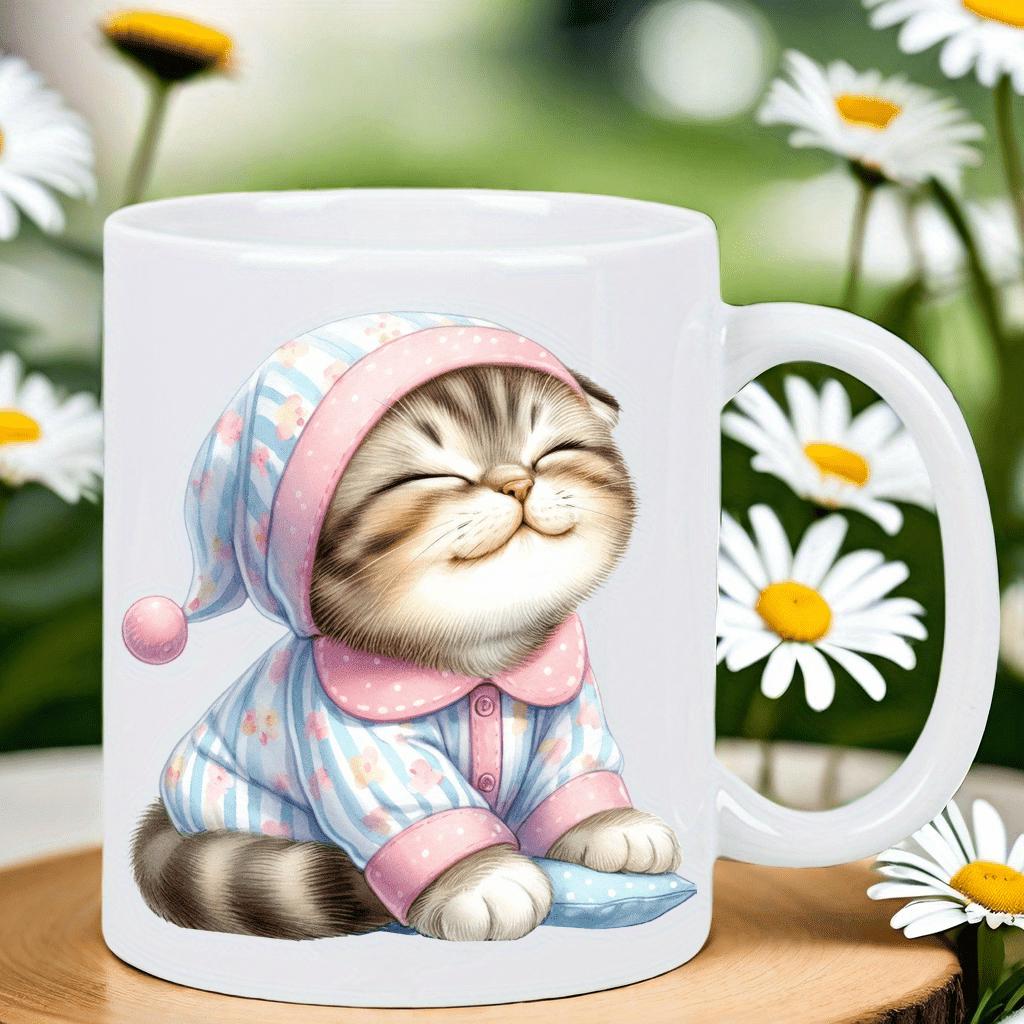 Tailorly White Ceramic 11 oz Mug - Adorable Sleeping Kitten Wearing Striped Pink Blue Pajamas And Nightcap Resting Cat