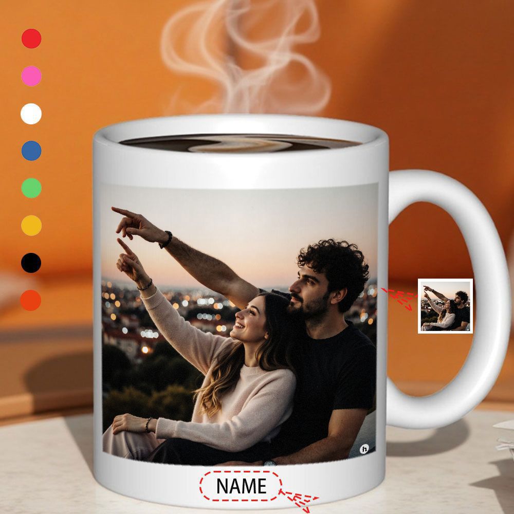 Tailorly White Ceramic 11 oz Mug - Name Romantic Couple Sitting Together Pointing At The Twinkling Cityscape Sunset Mug