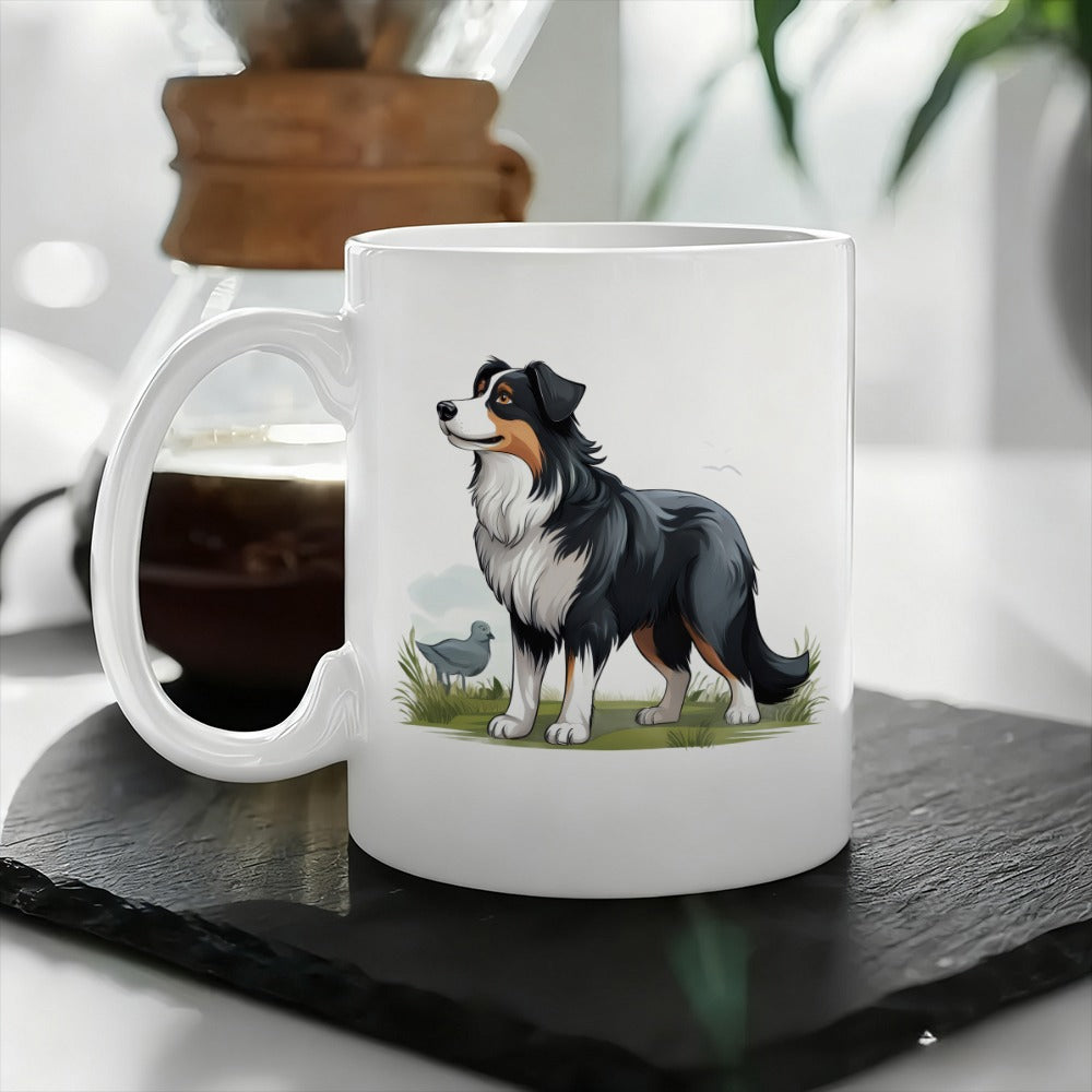 Tailorly White Ceramic 11 oz Mug - Majestic Australian Shepherd Standing Gracefully On Green Grass Under Soft Light Dog