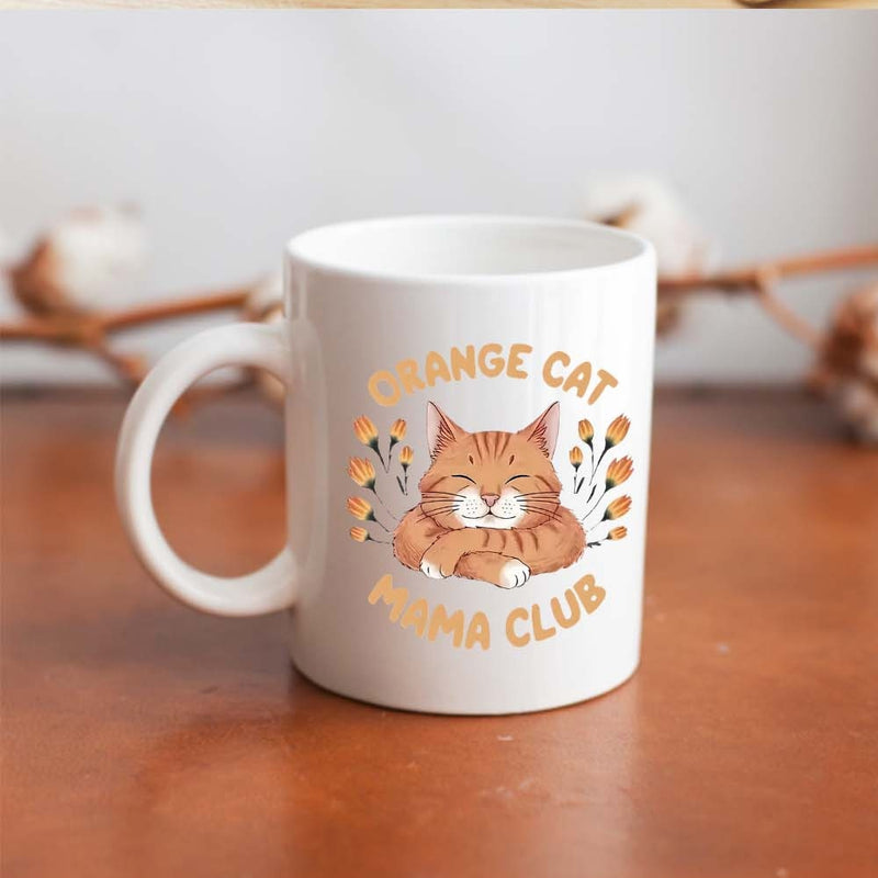 Tailorly White Ceramic 11 oz Mug - Orange Cat Drama Club Sleepy Ginger Tabby Sitting Peacefully Amidst Tiny Blossoms Cat