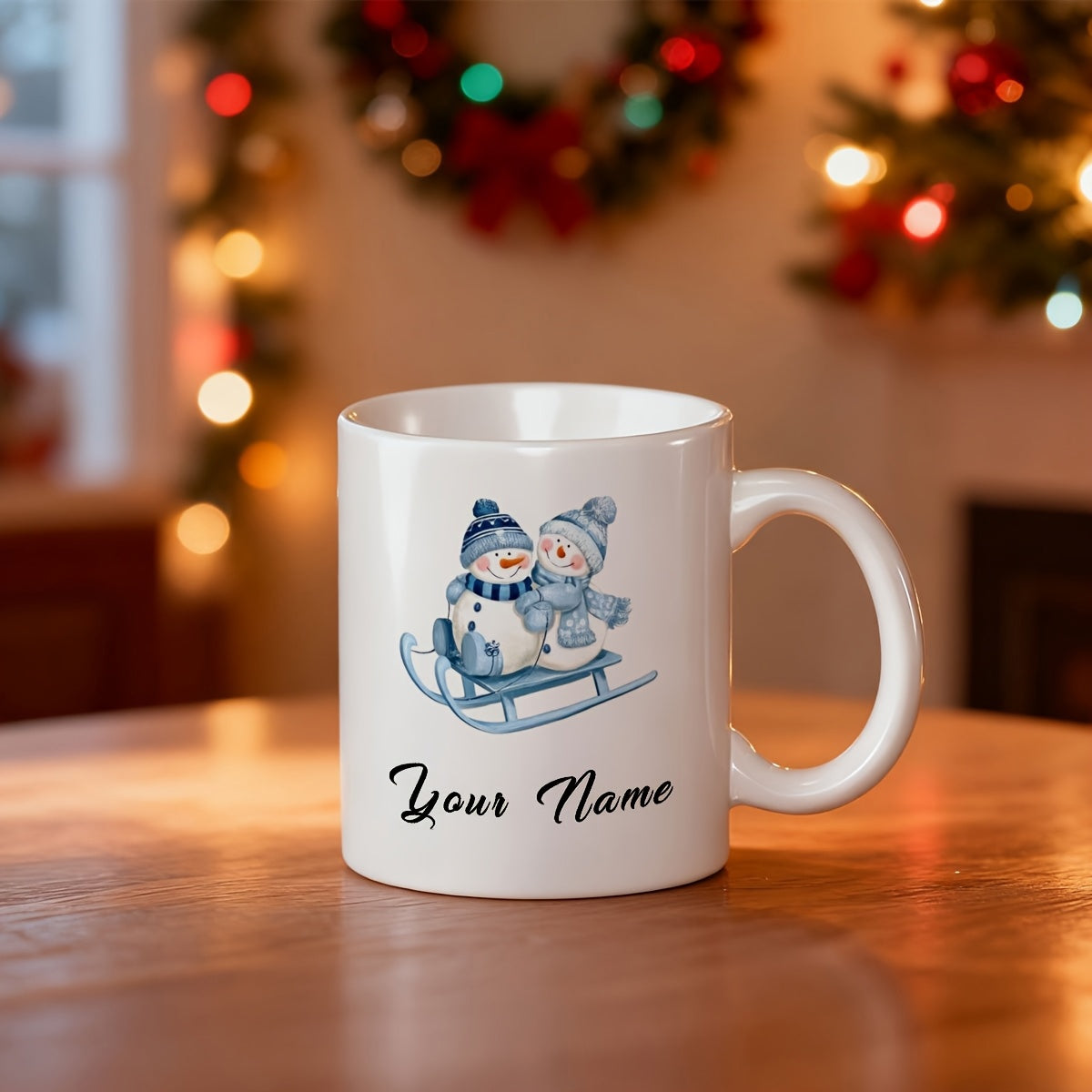 Tailorly White Ceramic 11 oz Mug - Your Name Two Cute Smiling Figures Riding On A Blue Winter Sleigh Snowmen