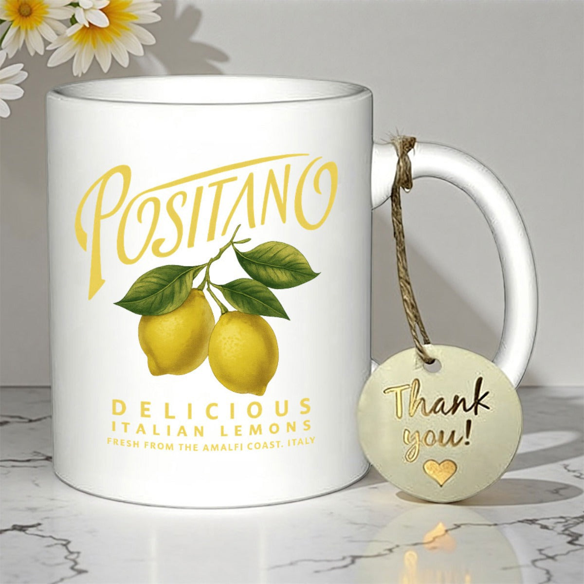 Tailorly White Ceramic 11 oz Mug - Positano Delicious Italian Lemons Vibrant Yellow Citrus Fruits With Green Leaves Growing On A Branch Lemon