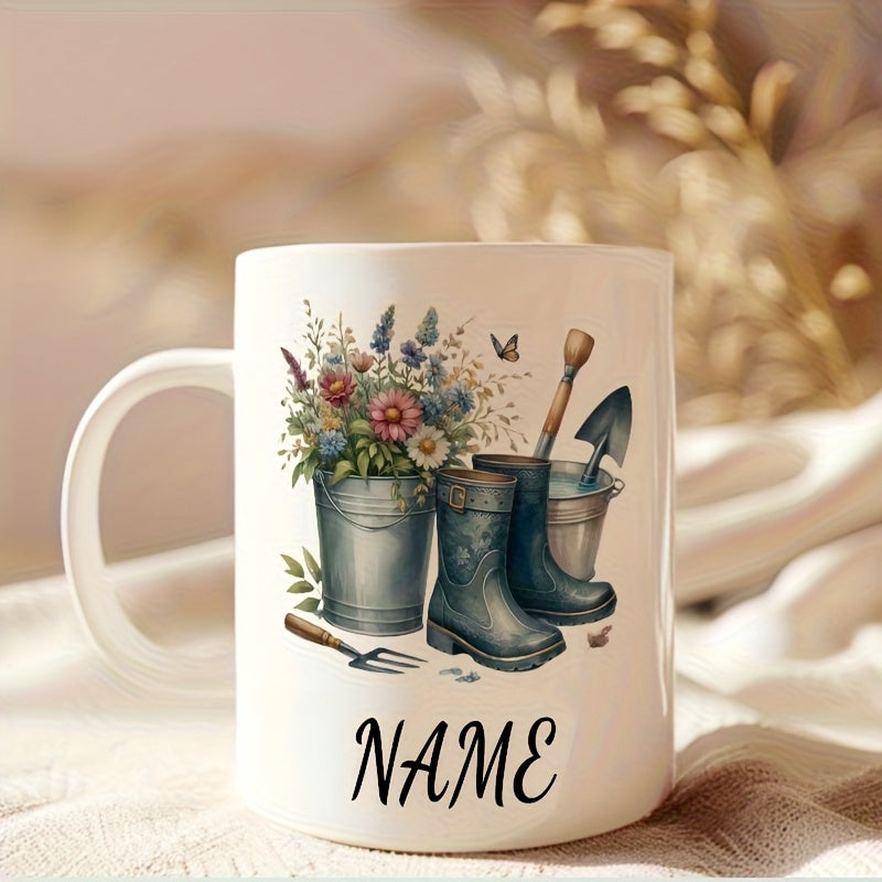 Tailorly White Ceramic 11 oz Mug - Name Rustic Metal Bucket With Blooming Flowers And Gardening Boots Garden