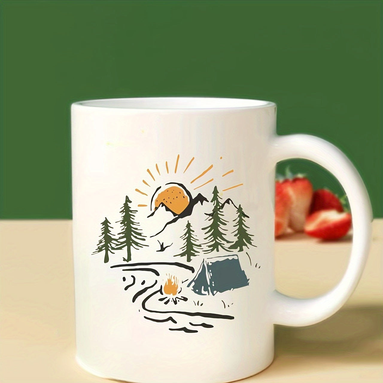 Tailorly White Ceramic 11 oz Mug - Scenic Outdoor Camping Adventure Under Rising Sun And Evergreen Pine Trees Mountain