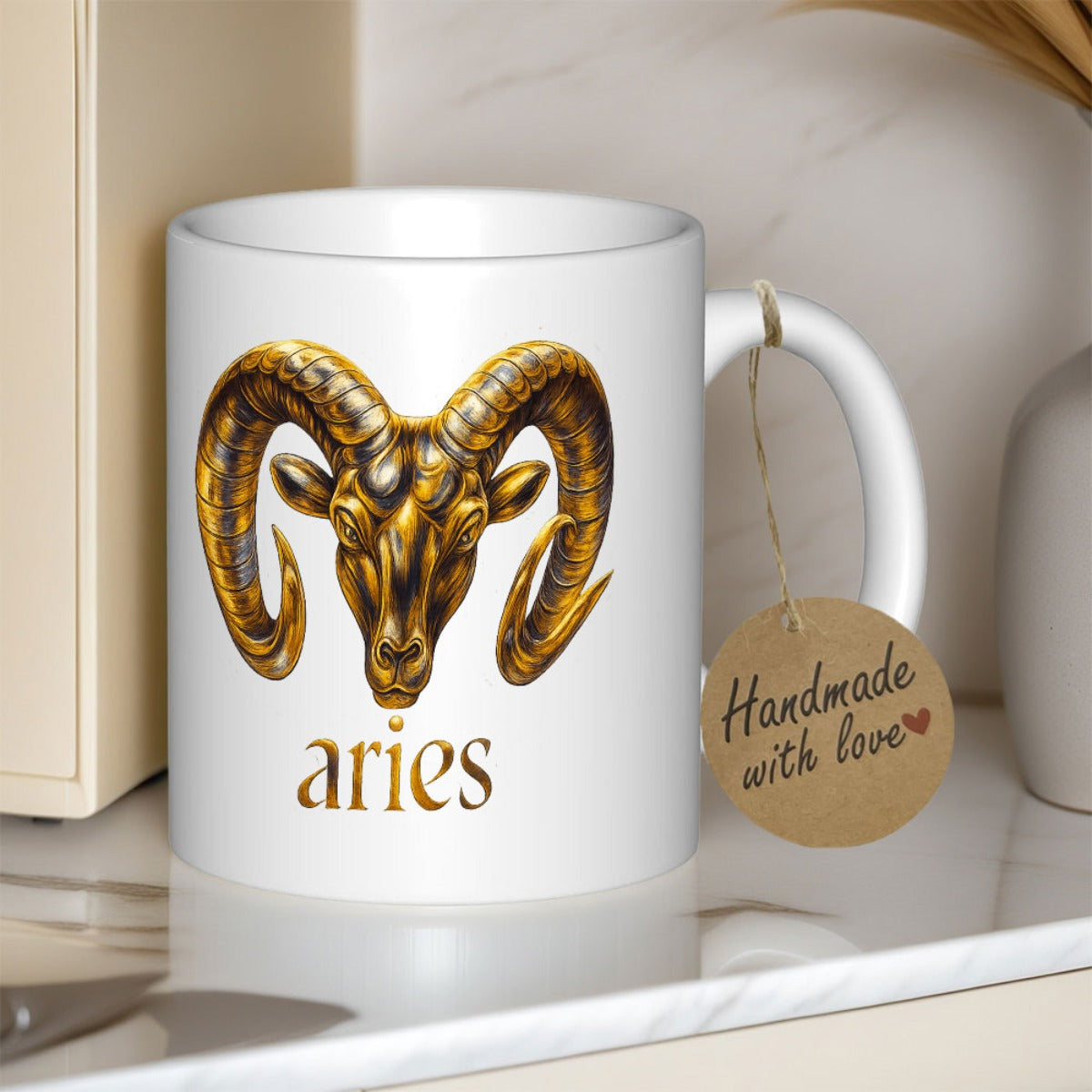 Tailorly White Ceramic 11 oz Mug - Aries Majestic Metallic Golden Head With Large Curved Horns Representing Zodiac Ram