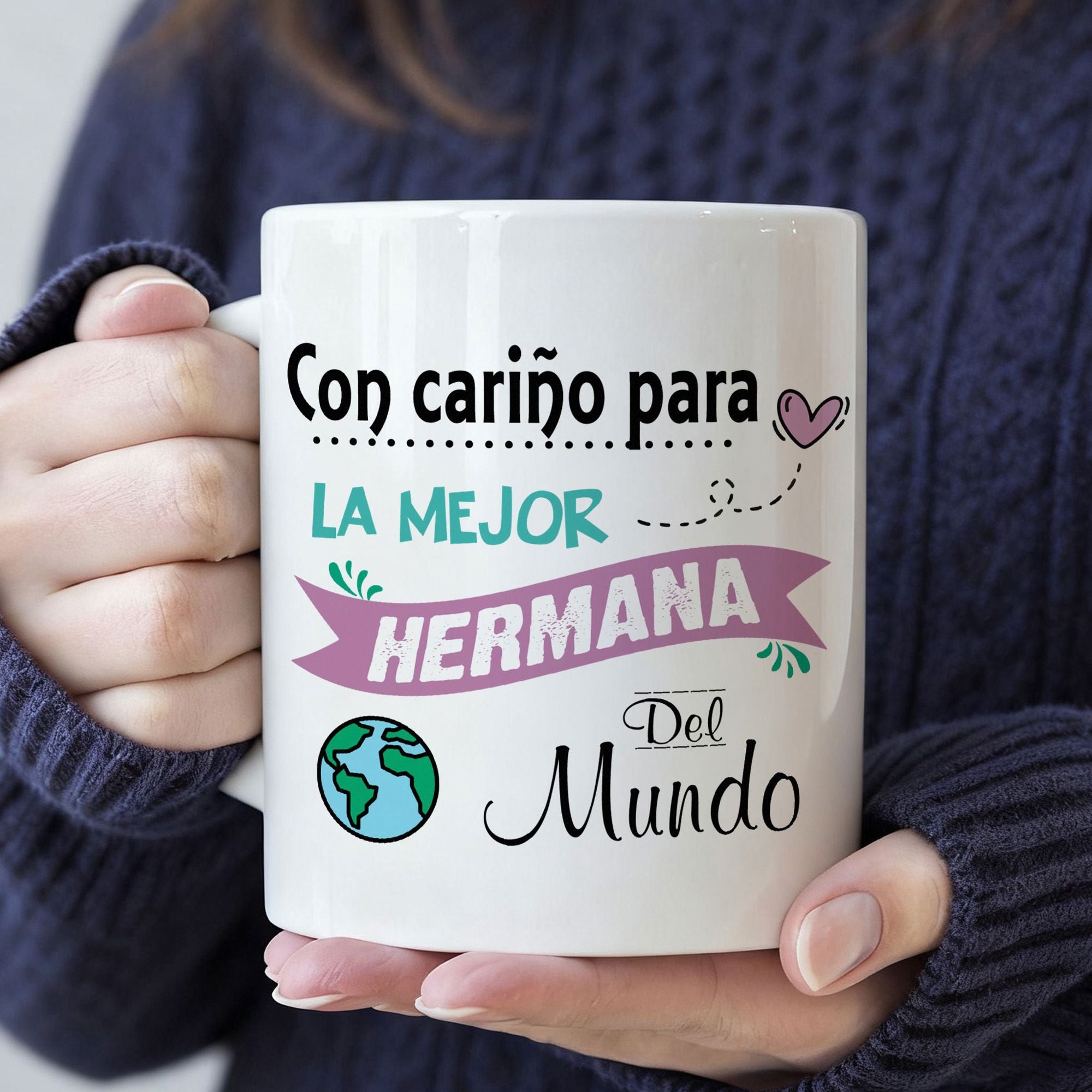 Tailorly White Ceramic 11 oz Mug - Colorful Planet Earth With Decorative Banner And Floating Heart Detail Globe