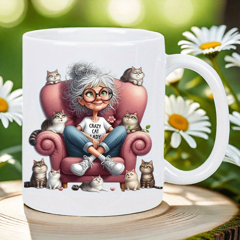 Tailorly White Ceramic 11 oz Mug - Crazy Cat Lady Charming Elderly Woman Relaxing In A Pink Armchair With Many Playful Kitten Cat