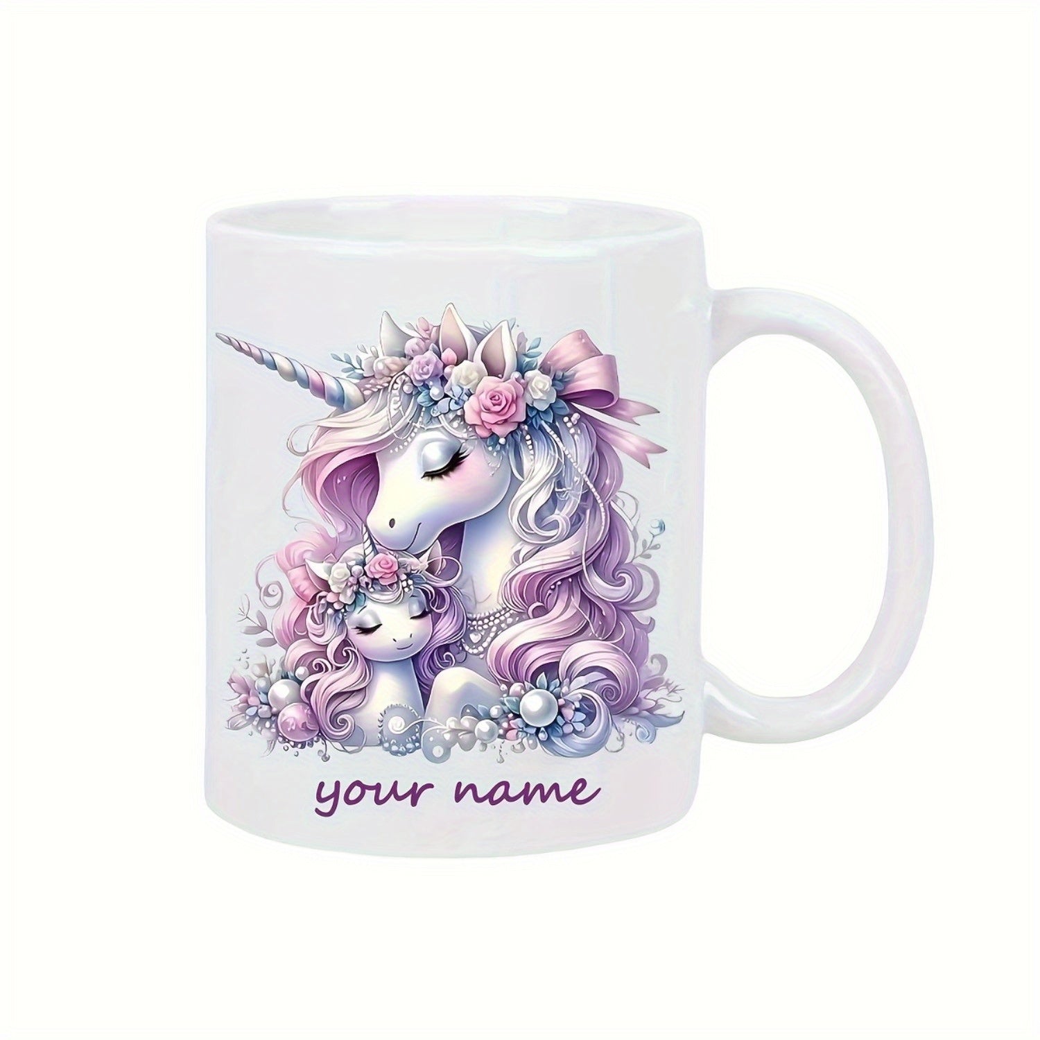 Tailorly White Ceramic 11 oz Mug - Your Name Magical Mother And Baby With Pink Mane In Floral Garden Unicorn