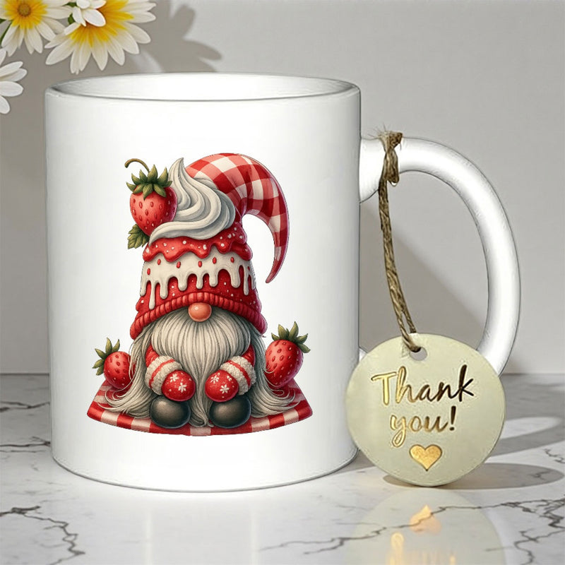 Tailorly White Ceramic 11 oz Mug - Thank You Vibrant Red Strawberry Theme With Dripping Frosting And Checkered Hat Gnome
