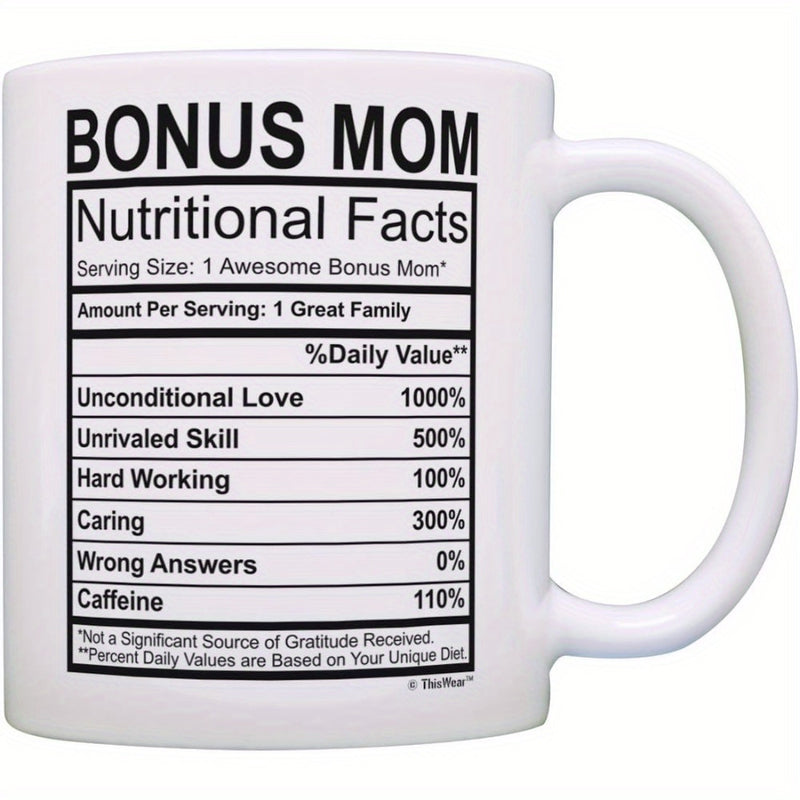 Tailorly White Ceramic 11 oz Mug - Bonus Mom Nutritional Facts Black And White Structured Information Table With Clean Lines And Percentages Label