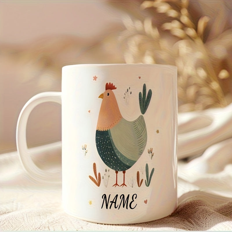 Tailorly White Ceramic 11 oz Mug - Name Minimalist Hand Drawn Rooster Standing Among Delicate Garden Plants Chicken