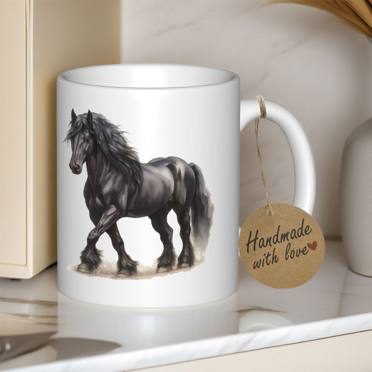 Tailorly White Ceramic 11 oz Mug - Majestic Black Friesian Galloping With Long Flowing Mane And Powerful Stance Horse