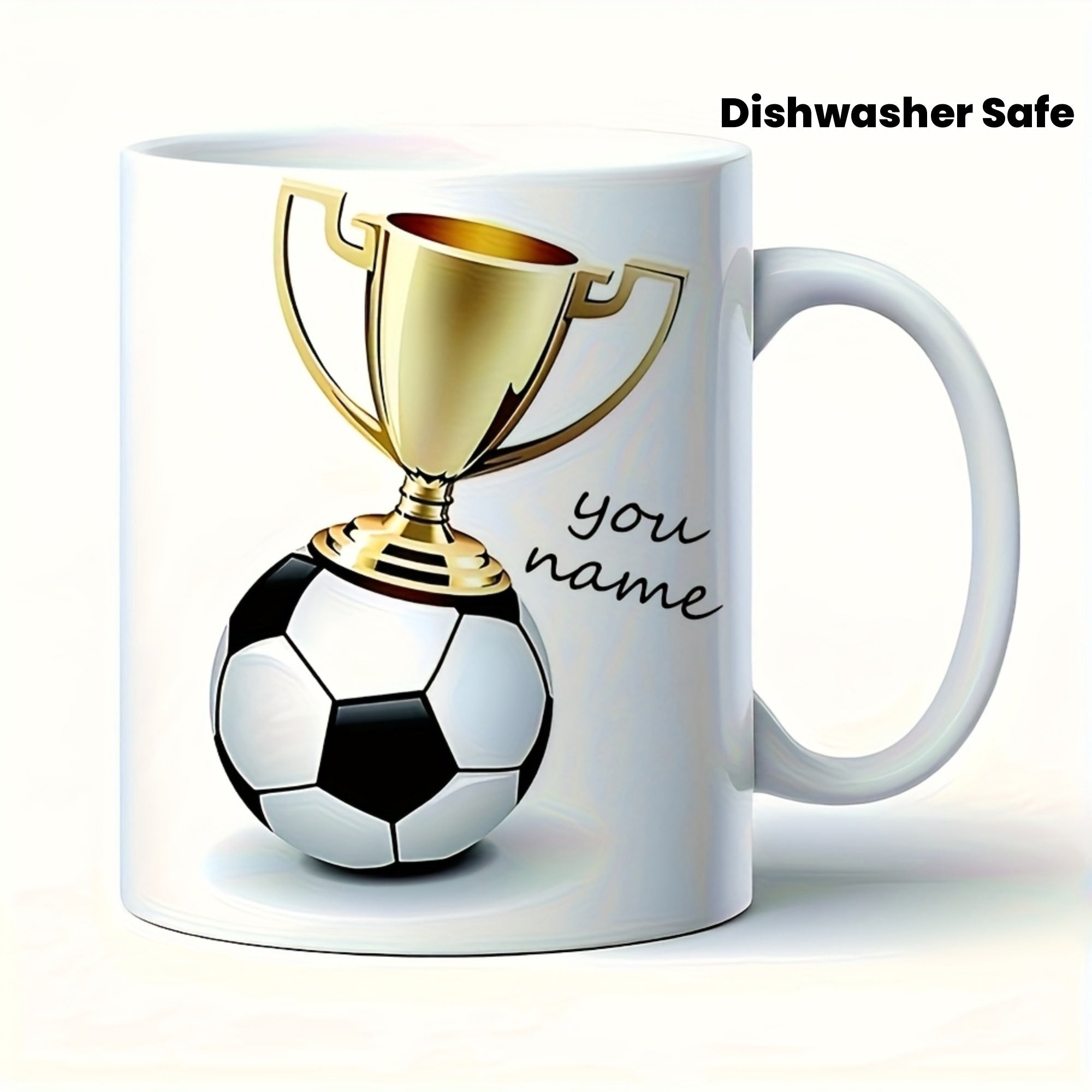 Tailorly White Ceramic 11 oz Mug - You Name Golden Championship Trophy Resting Atop A Classic Hexagon Pattern Soccer Ball