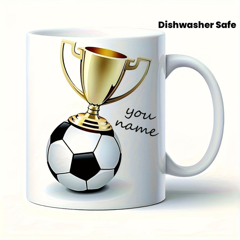 Tailorly White Ceramic 11 oz Mug - You Name Golden Championship Trophy Resting Atop A Classic Hexagon Pattern Soccer Ball