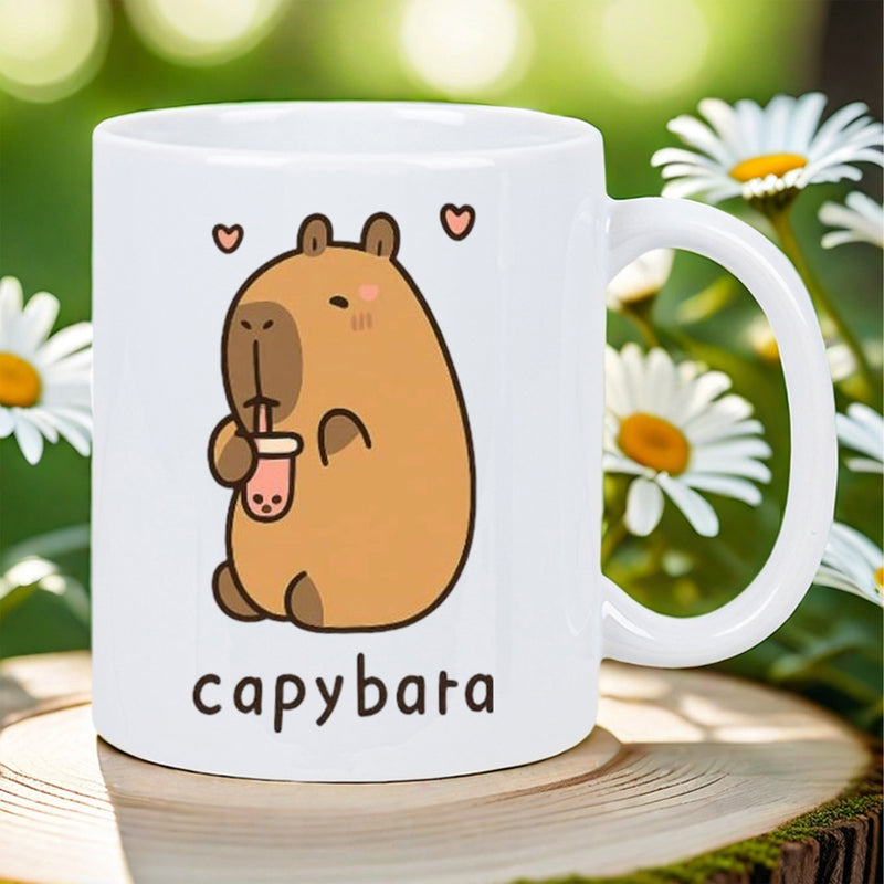 Tailorly White Ceramic 11 oz Mug - Capybara Cute Cartoon Animal Drinking Bubble Tea Under Floating Pink Hearts Capybara