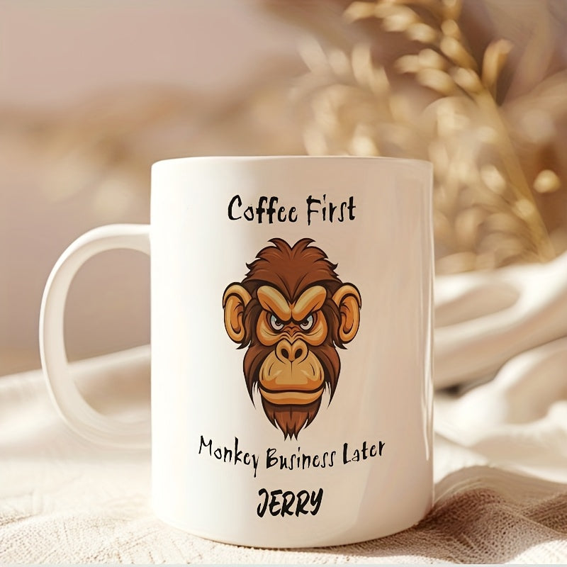 Tailorly White Ceramic 11 oz Mug - Coffee First Monkey Business Later Jerry Intense Brown Primate Face With Focused Expression And Sharp Features Monkey