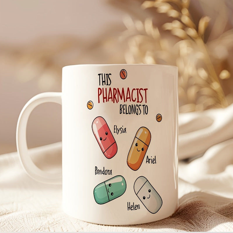 Tailorly White Ceramic 11 oz Mug - This Pharmacist Belongs To Elysia Ariel Boudora Helen Cartoon Capsules With Cute Smiling Faces Arranged In A Playful Circle Pill