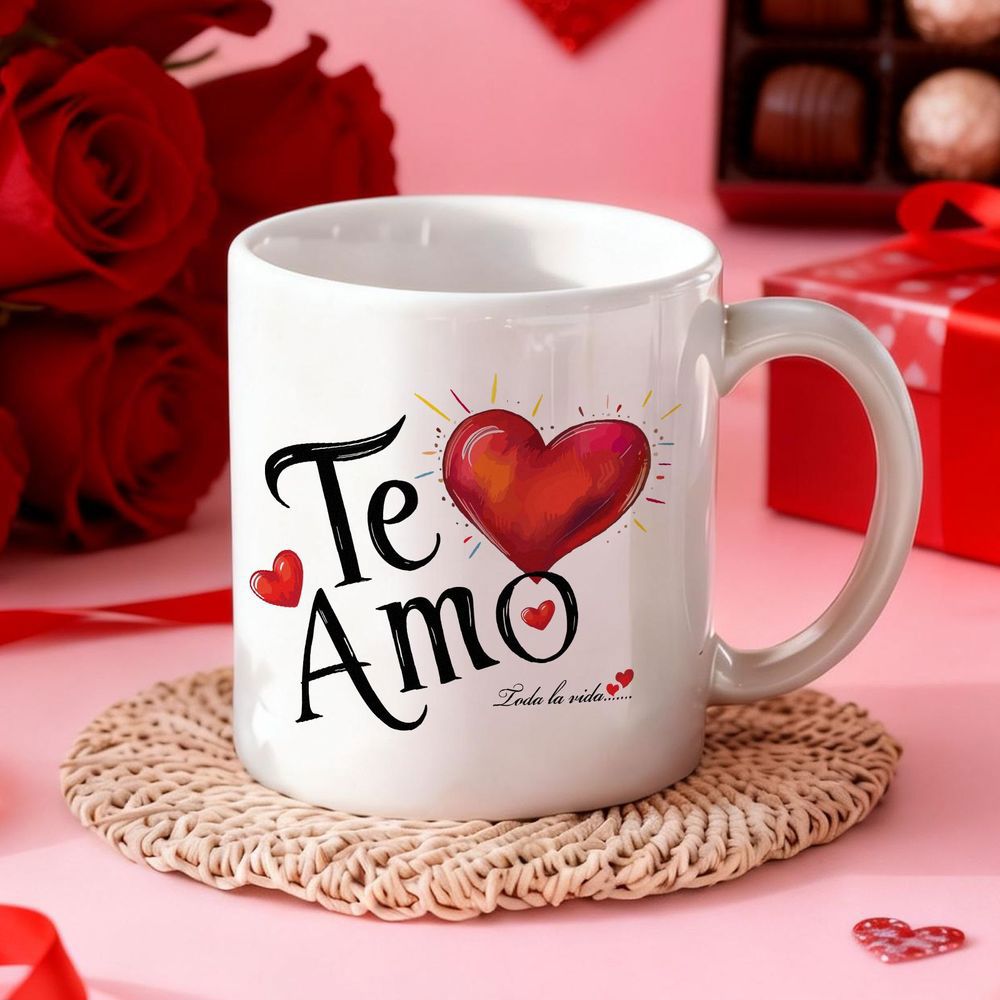 Tailorly White Ceramic 11 oz Mug - Romantic Vibrant Red Floating Among Stylized Radiating Decorative Lines Heart