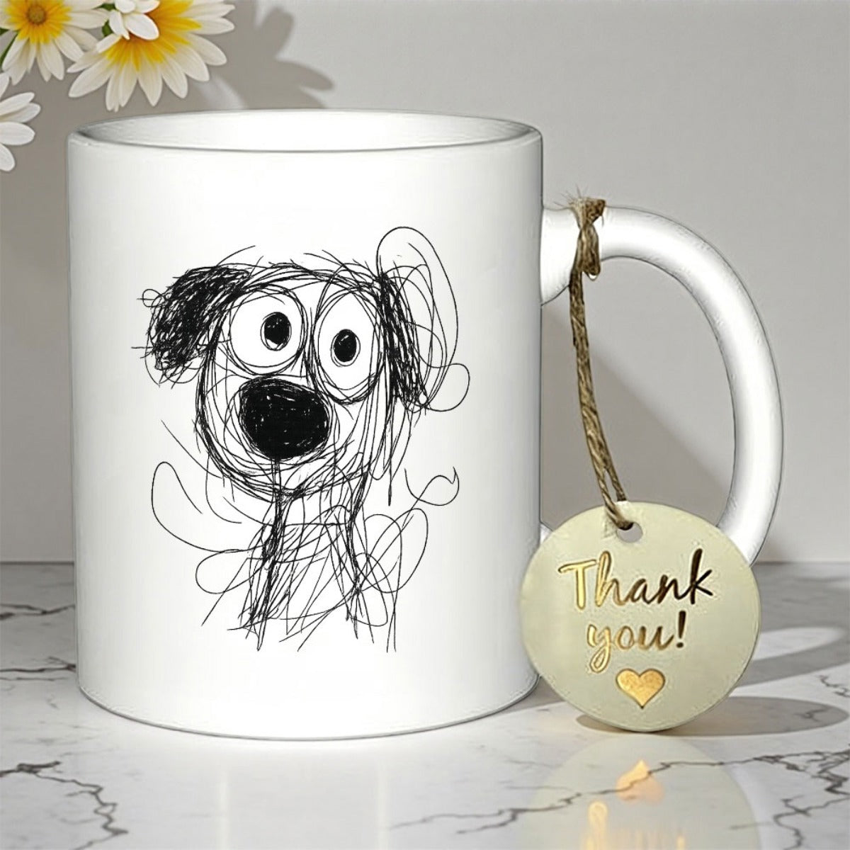 Tailorly White Ceramic 11 oz Mug - Thank You Artistic Hand Drawn Sketch Of A Curious Messy Puppy Dog